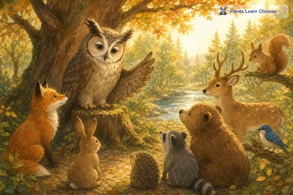 这只老猫头鹰已经在这片森林里生活了很久很久，它见过森林里的四季更替，也了解每一只小动物的习性。小动物们都很尊敬老猫头鹰，因为它总是能在大家遇到困难的时候，用自己的智慧给予帮助。