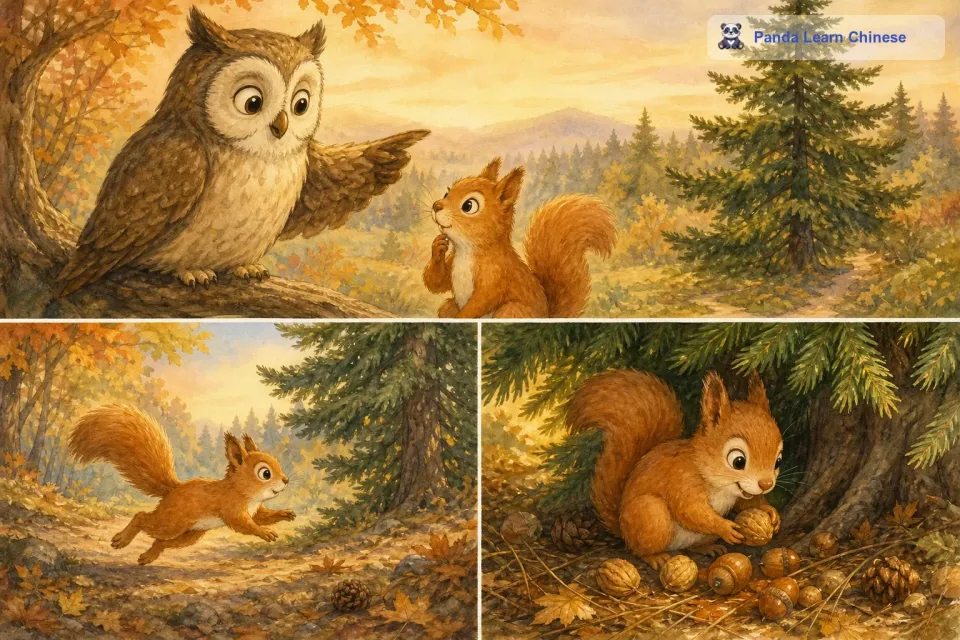 小松鼠仔细想了想，说：“我看到了一些小小的脚印，像是小鸟的脚印。老猫头鹰笑了笑说：“那你去森林边缘的那棵松树上看看，小鸟们有时候会把找到的坚果藏在那里。小松鼠赶忙跑到那棵松树上，果然找到了自己丢失的坚果。