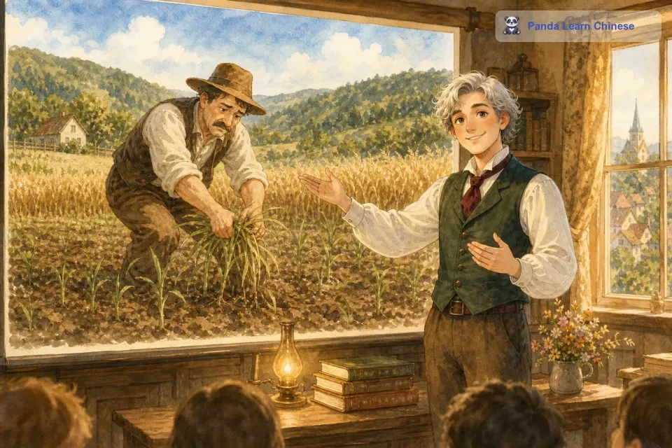 而是在课堂上讲了一个故事：“从前有一个小农夫，他种了一片麦子。他觉得麦子长得太慢了，于是就用力拔麦苗，想让它们快点长高。
