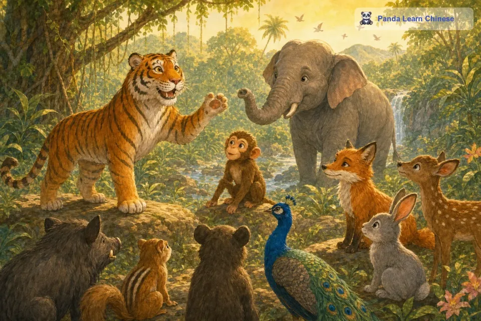 老虎把这个想法告诉了大象、猴子和其他动物们。它说：“这个水源地不应该只属于某一方，而是属于我们整个森林的。