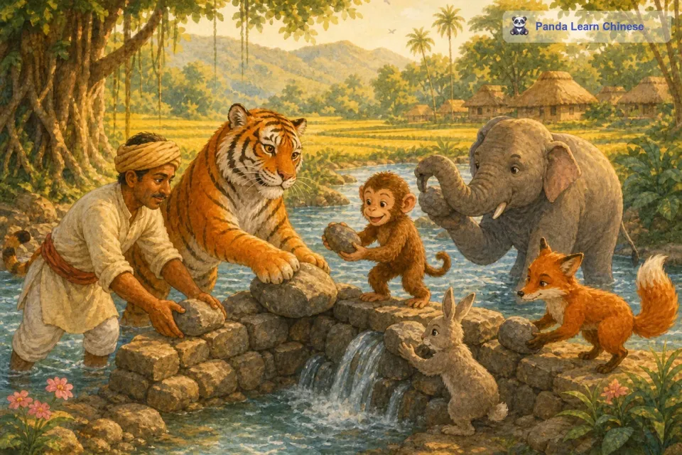 动物们听了老虎的话，都觉得这个主意非常好。于是，大家纷纷行动起来，在老虎的带领下，齐心协力地建造水坝。