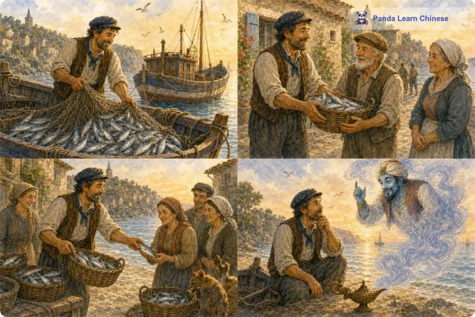 在大船的帮助下，渔夫捕到了很多鱼，他的生活变得富裕起来。但他并没有忘记自己的乡亲们，他把多余的鱼分给了村里那些贫穷的家庭。过了一段时间，渔夫决定许下第二个愿望。