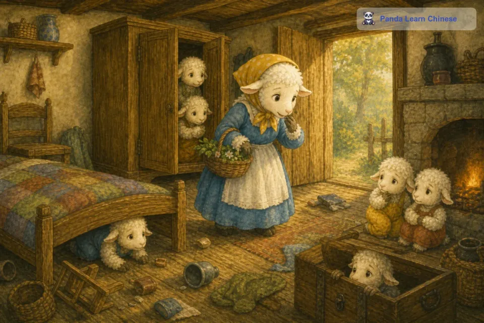 就在大灰狼在屋子里翻箱倒柜的时候，母羊回来了。她看到家里一片狼藉，就知道发生了不好的事情。她开始四处寻找小羊们，终于在各个角落里找到了躲起来的小羊们。