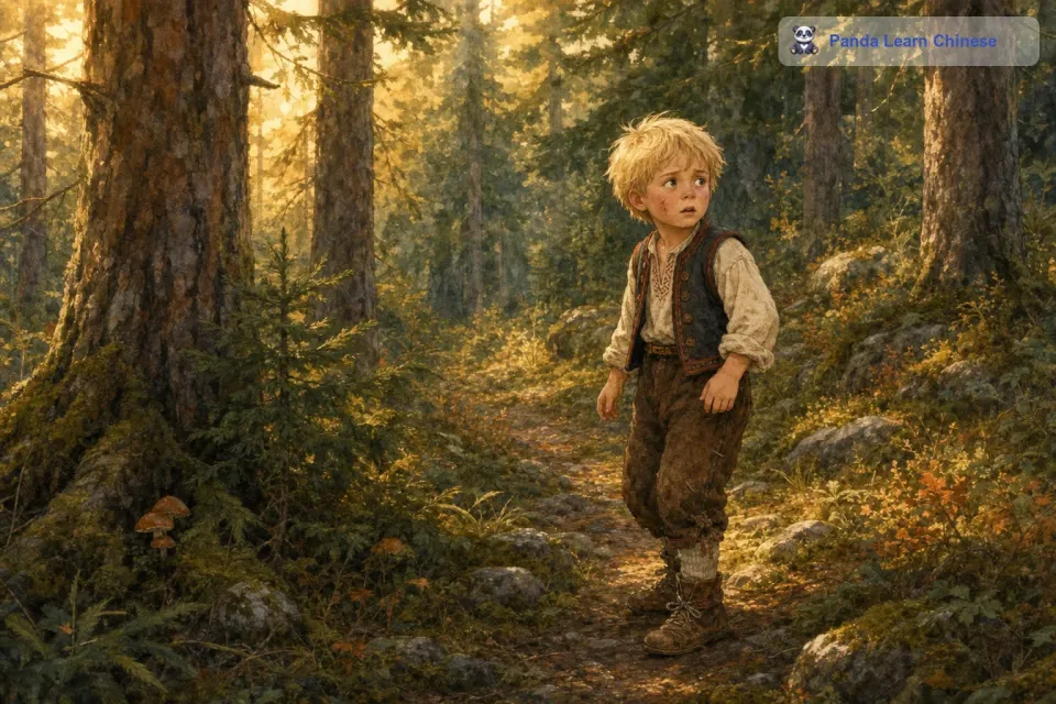 有一天，一个小男孩在森林里玩耍时迷路了。他在树林里转来转去，怎么也找不到出去的路，心里又害怕又着急。他的小脸蛋被树枝划得有些红痕，眼睛里满是恐惧和迷茫。