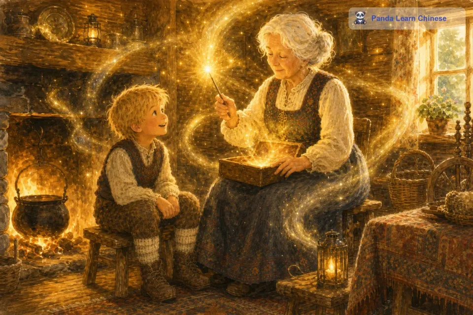 老奶奶闭上眼睛，口中轻轻念着咒语，魔法棒开始发出柔和的光芒。光芒越来越亮，照亮了整个屋子。