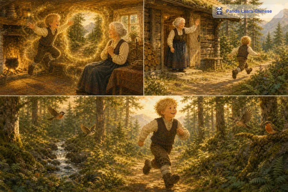 随着魔法的施展，小男孩看到屋子的墙上出现了一幅画面，那是一条通往他家的清晰的森林小路。小男孩高兴地跳了起来，他向老奶奶道谢后，就顺着魔法显示的路向家的方向跑去。他跑得很快，一路上充满了活力，周围的鸟儿也欢快地歌唱着，仿佛在为他庆祝。最后，小男孩顺利地回到了家，他永远也忘不了那座神奇的木屋和善良的老奶奶。