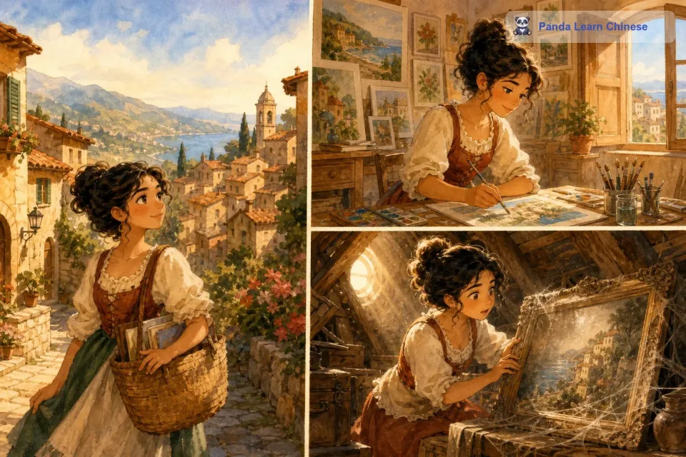 在意大利的一个小镇上，住着一个名叫小莉的女孩。小莉非常喜欢画画，她的房间里挂满了自己的作品。有一天，她在阁楼里发现了一幅积满灰尘的画。