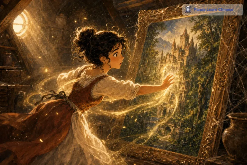 这幅画看起来很古老，画里是一座神秘的城堡，城堡周围环绕着茂密的森林，森林里似乎隐藏着许多奇妙的东西。小莉被这幅画深深吸引住了，她忍不住伸手去触摸画中的城堡。突然，一道奇异的光芒闪过，小莉感觉自己被吸进了画里。