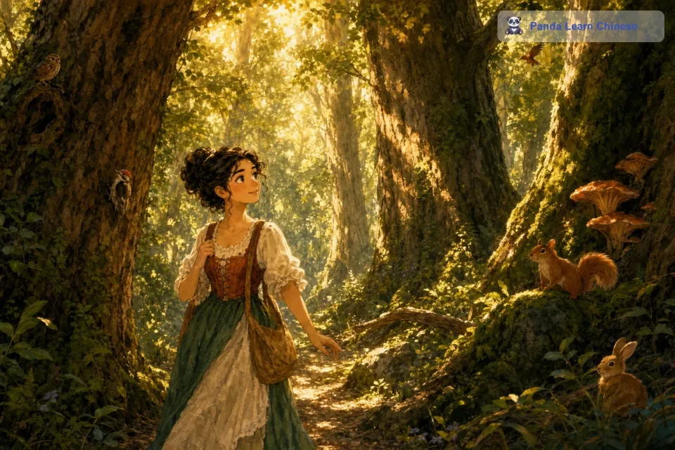 小莉发现自己置身于一个完全陌生的世界，周围是高耸入云的大树，树干粗壮得好几个人都抱不过来。阳光透过树叶的缝隙洒下来，形成一片片金色的光斑。小莉好奇地在森林里走着，她听到了各种奇怪的声音，像是小动物在低语，又像是树木在轻轻叹息。走着走着，她看到了一只会说话的松鼠，松鼠穿着一身漂亮的小衣服，正站在一个树桩上看着她。松鼠告诉小莉，这个画中的世界充满了魔法，但也隐藏着危险，城堡里住着一个邪恶的巫师，他把很多美好的东西都变成了黑暗的存在。