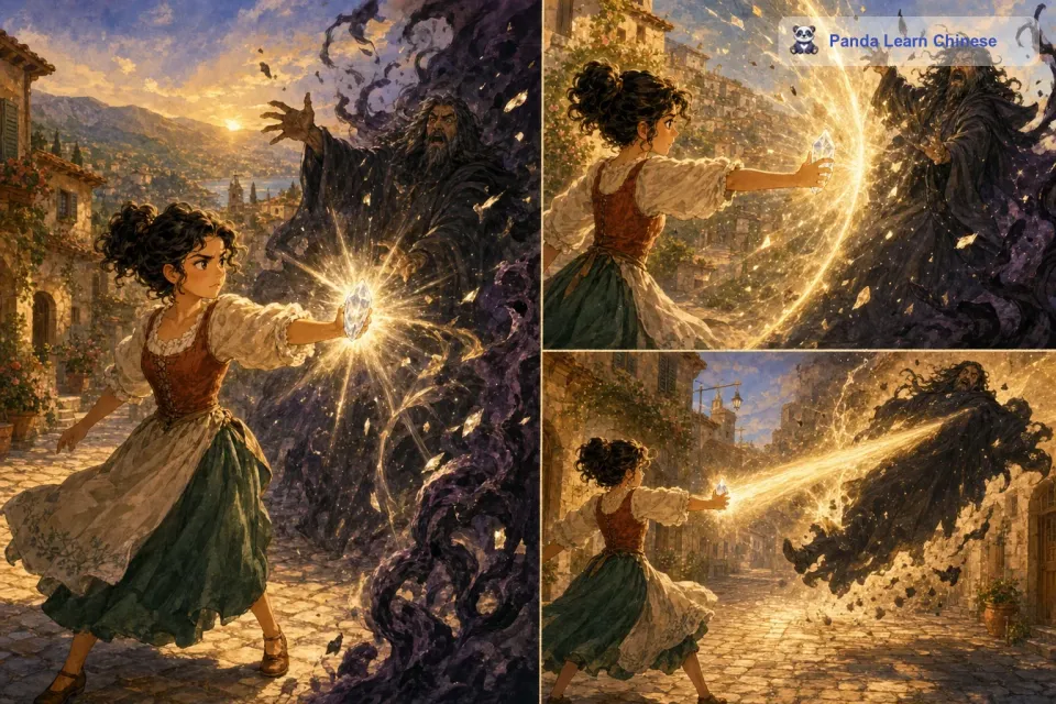 小莉鼓起勇气，利用魔法水晶的力量对抗巫师的黑暗魔法。魔法水晶发出耀眼的光芒，将巫师的黑暗魔法一一化解。巫师见势不妙，想要逃跑，但小莉不会轻易放过他。她集中精力，将魔法水晶的力量发挥到最大，一道巨大的光束射向巫师，巫师被光束击中后，消失得无影无踪。随着巫师的消失，画中的世界开始发生变化。