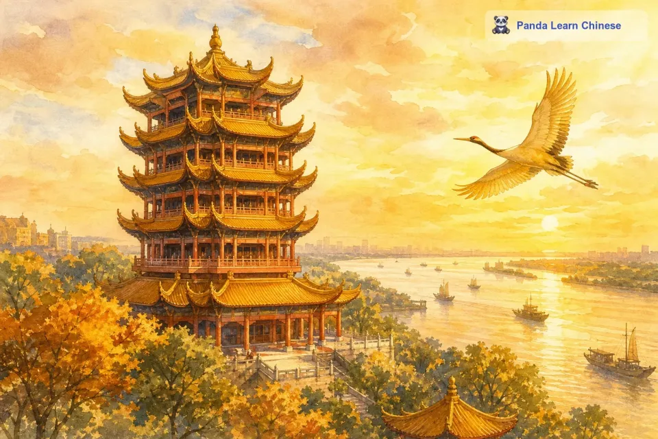很久很久以前，在长江之畔的武汉，有一座神奇的黄鹤楼。黄鹤楼高高地耸立着，它的飞檐就像鸟儿张开的翅膀，十分壮观。