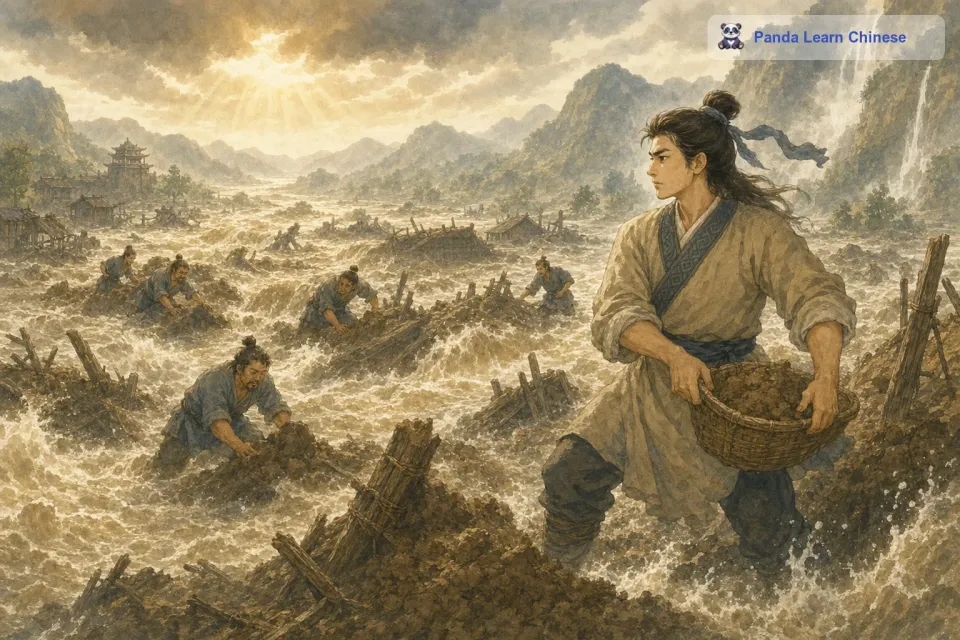 这时，一个名叫鲧的人站了出来，他想要治理洪水。鲧采取了用土来堵洪水的方法，可是洪水实在是太凶猛了，堵了这里，那里又决堤了。虽然鲧花费了很长时间和很多精力，但洪水依旧没有得到有效的治理。