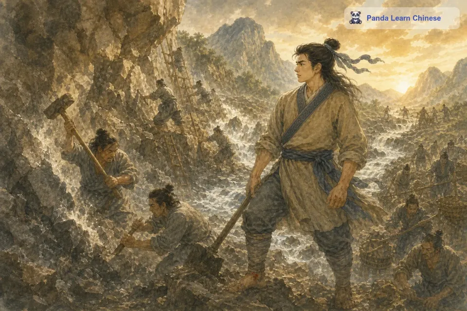 在治水的过程中，禹遇到了无数的困难。有时候遇到高山挡路，他就带领大家开凿山体，让洪水能够顺利通过。他和百姓们一起劳动，不怕吃苦，手上长满了老茧，脚上磨出了血泡，但他从来没有想过放弃。