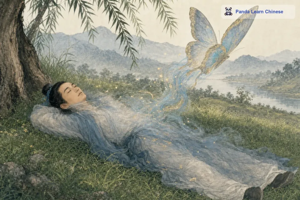 在梦里，庄周发现自己变成了一只蝴蝶。他有着漂亮的翅膀，在花丛中自由自在地飞舞着。他能感受到风从翅膀下吹过，还能闻到花朵的香甜。