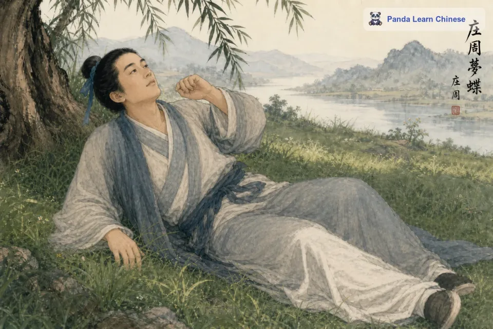 突然，庄周醒了过来。他发现自己又变回了原来的样子，正躺在草地上。