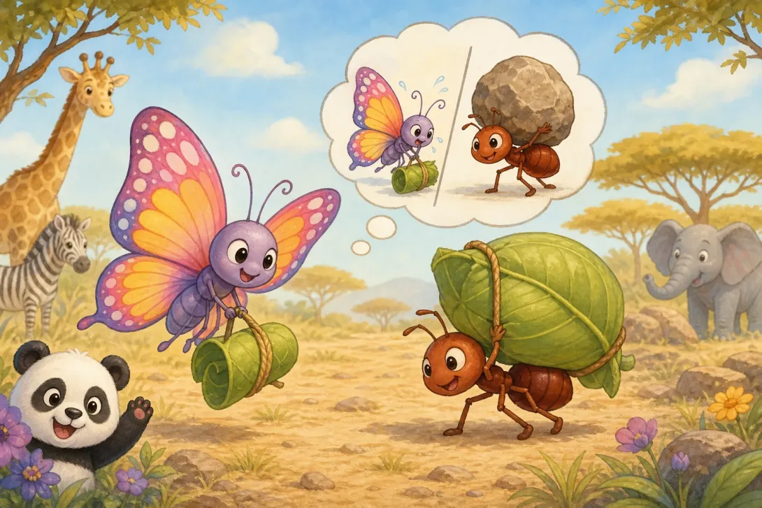 Brain Teaser: 蝴蝶和蚂蚁比力气 · Butterfly vs. Ant Strength Contest